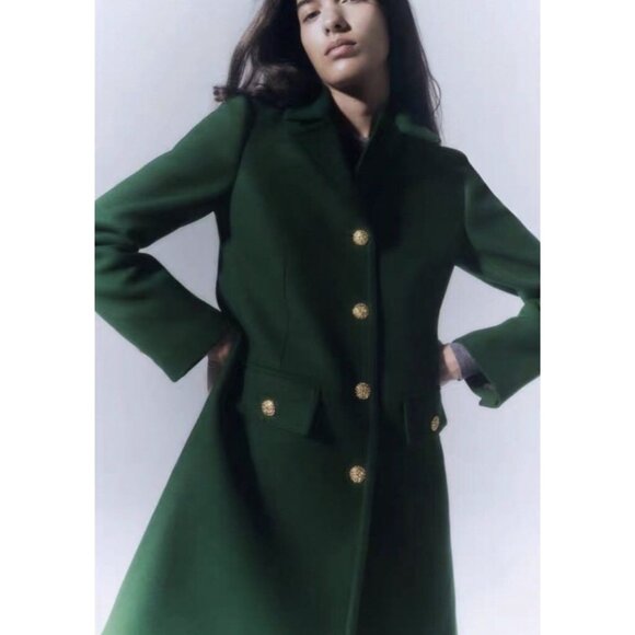 NWT Zara bottle green Manteco wool blend coat with gold statement buttons, XS - Picture 3 of 16